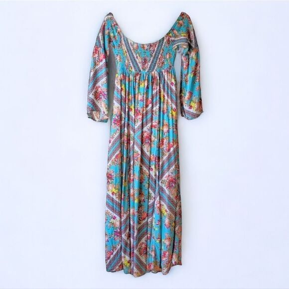 Torrid Off Shouler‎ Women's Turquoise Scarf Print Challis Smocked Maxi Dress 0X - Picture 5 of 12